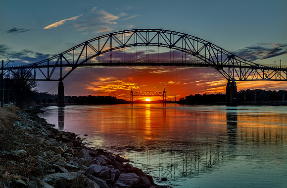 Akigned Bridges with centered sunset